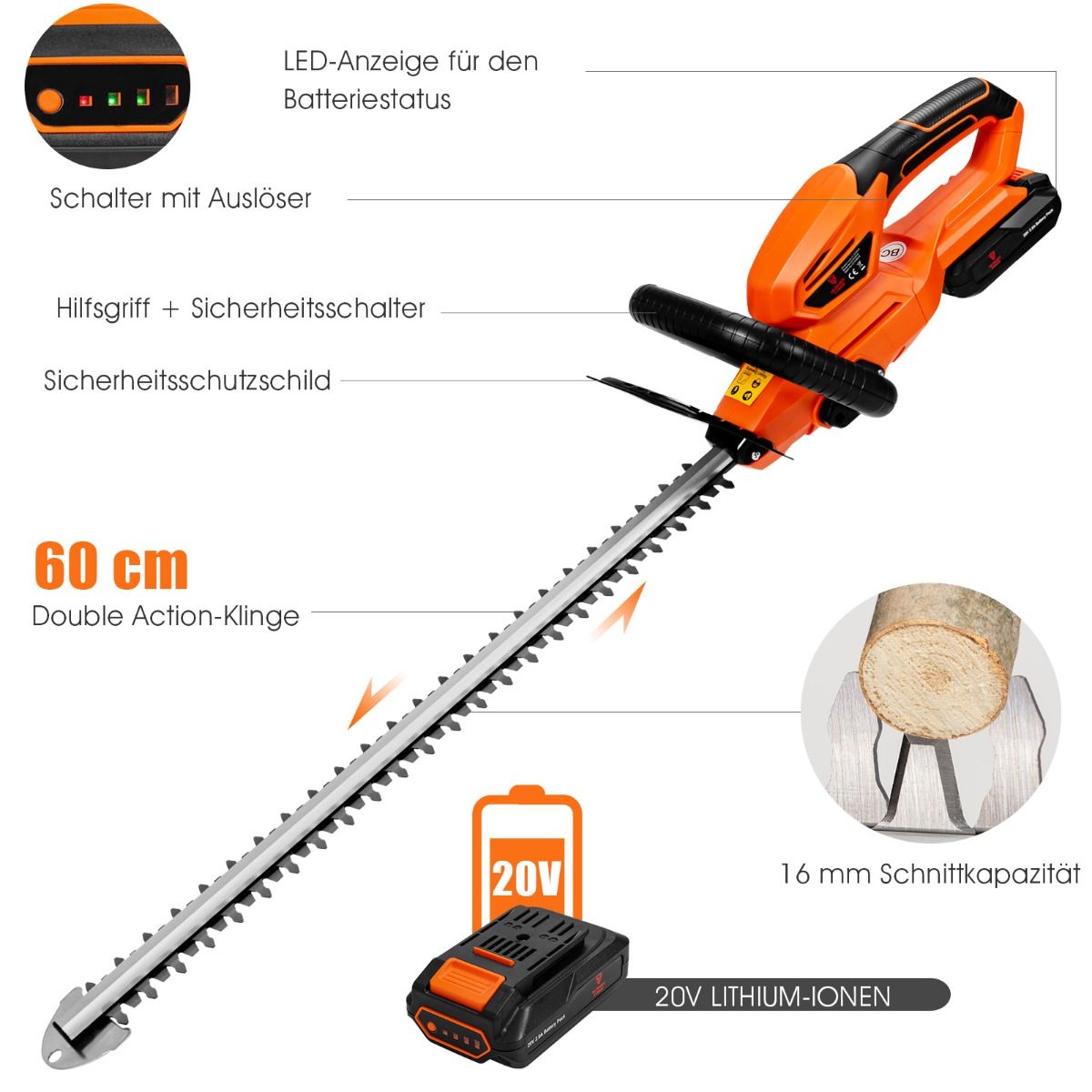 Akku-Heckenschere kabellos 20 V – 60 cm