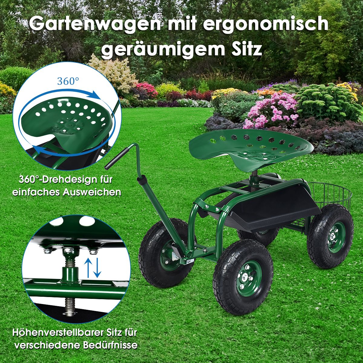 Gartenrollsitz mit Ablagen & verstellbarem Griff