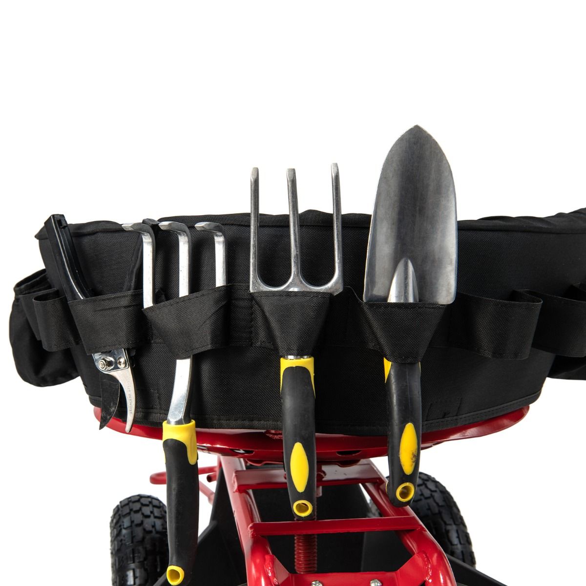 Mobiler Gartenwagen mit drehbarem Sitz, Lenkgriff und Stauraum