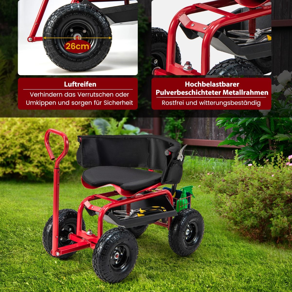 Mobiler Gartenwagen mit drehbarem Sitz, Lenkgriff und Stauraum