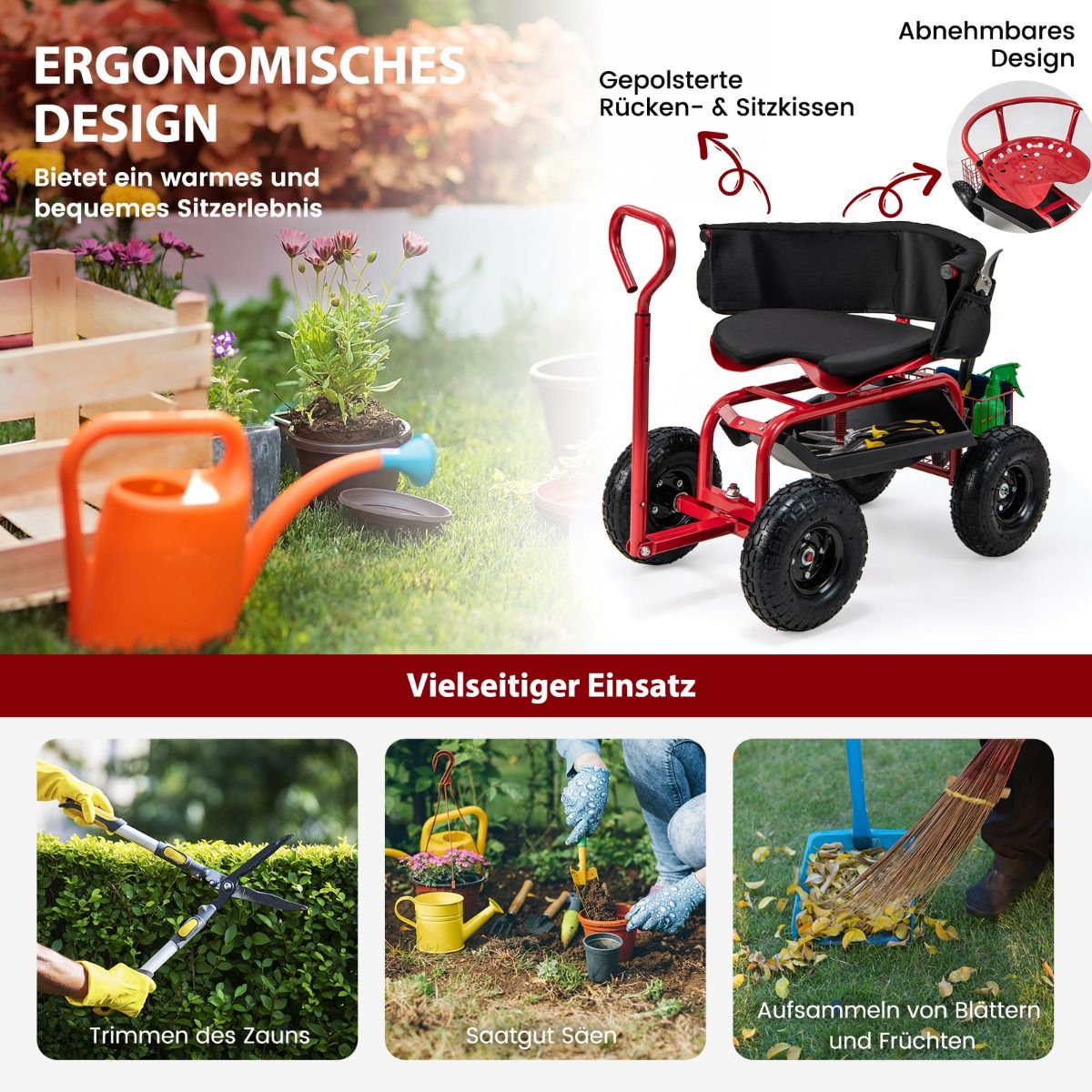 Mobiler Gartenwagen mit drehbarem Sitz, Lenkgriff und Stauraum