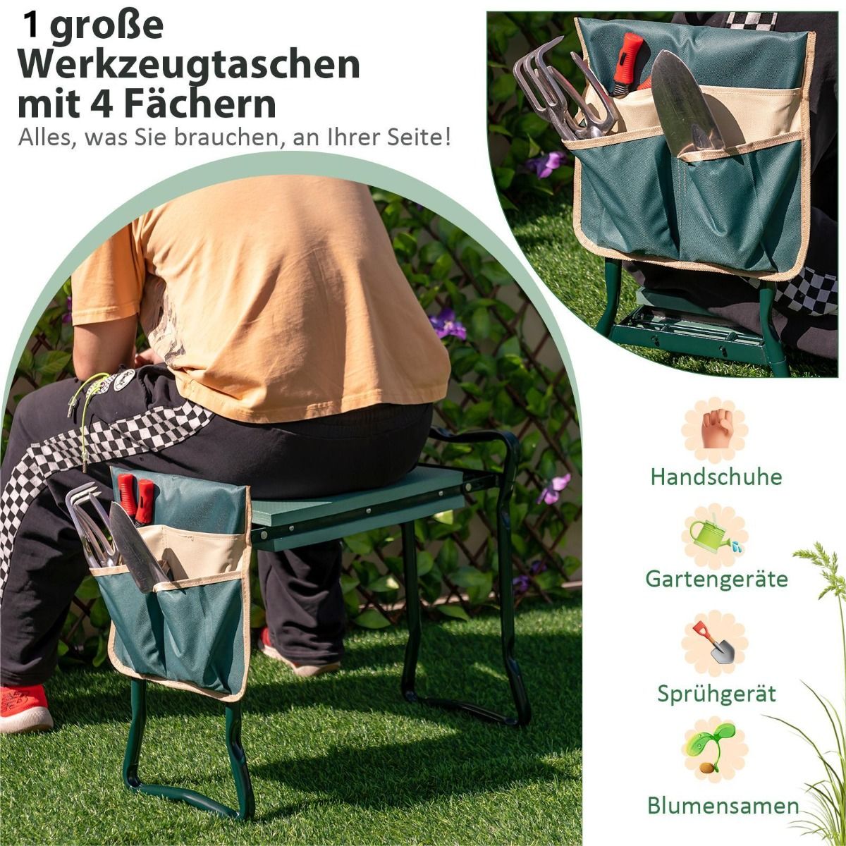 2-in-1 Klappbare Garten-Kniebank mit EVA-Polster & Werkzeugtasche