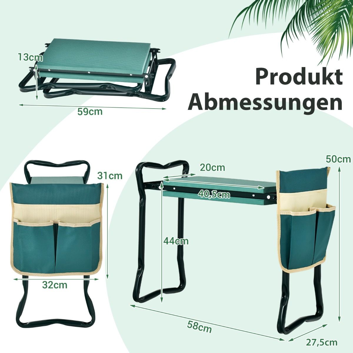 2-in-1 Klappbare Garten-Kniebank mit EVA-Polster & Werkzeugtasche