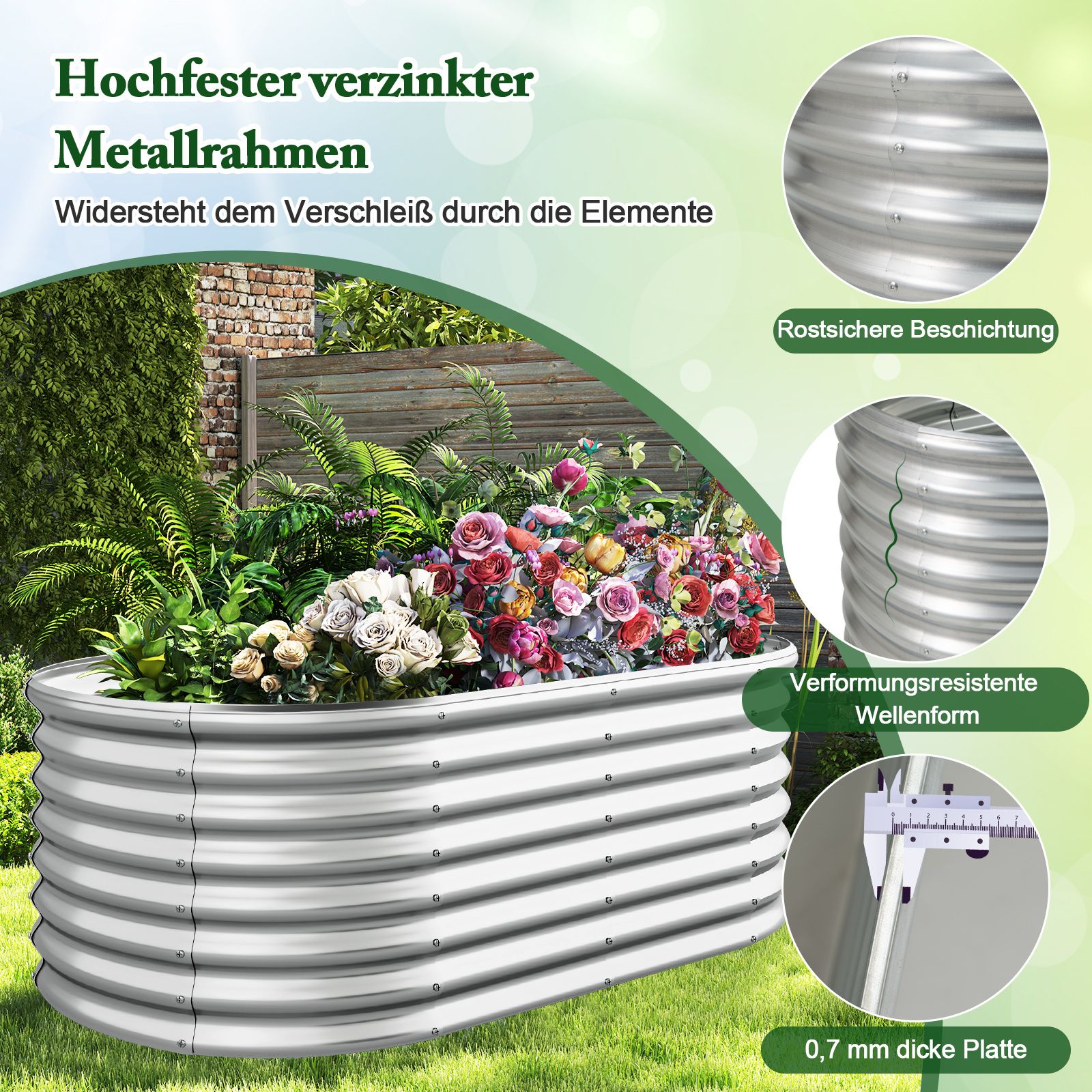 Metall-Hochbeet oval mit offenem Boden, 165 × 80 × 60 cm