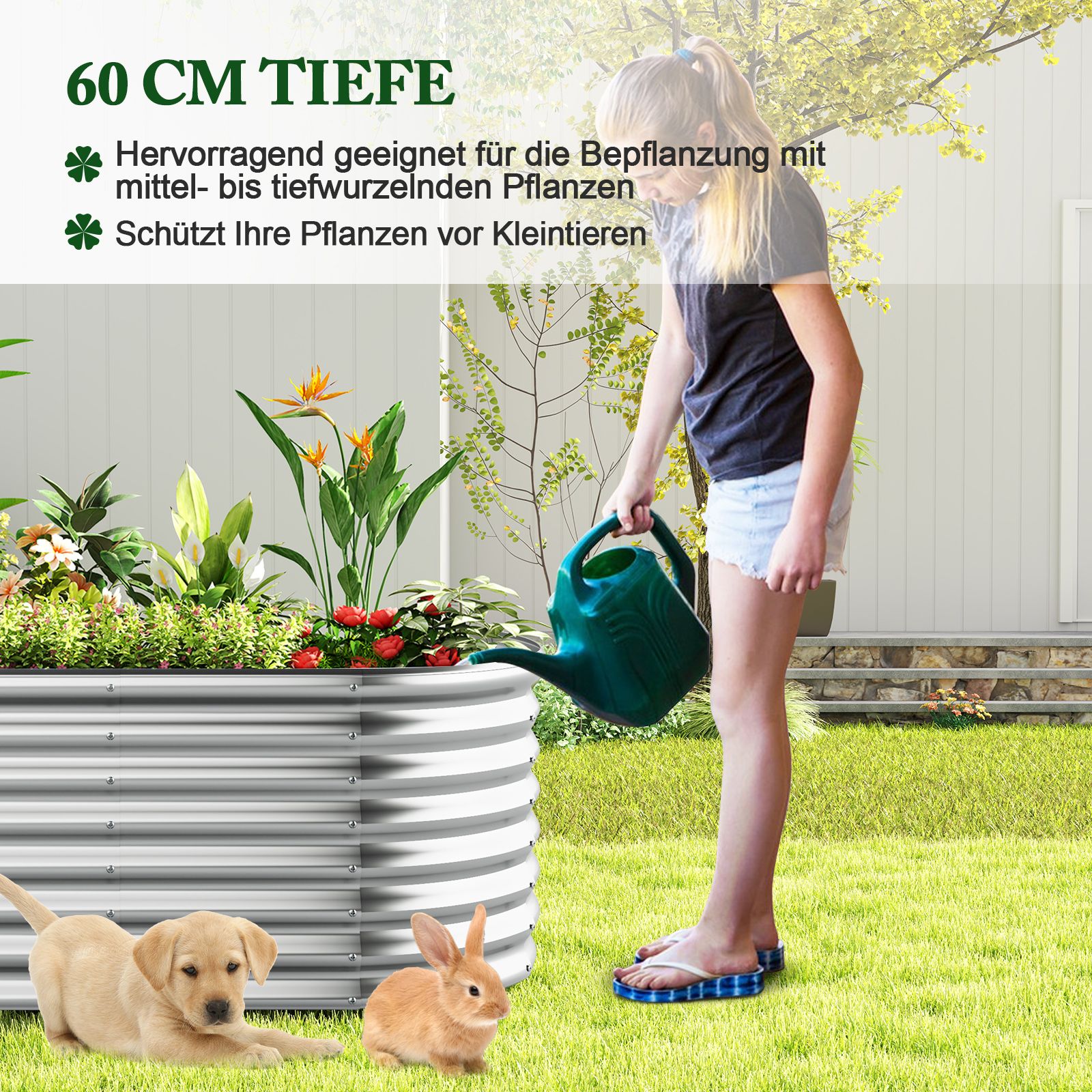 Metall-Hochbeet oval mit offenem Boden, 165 × 80 × 60 cm