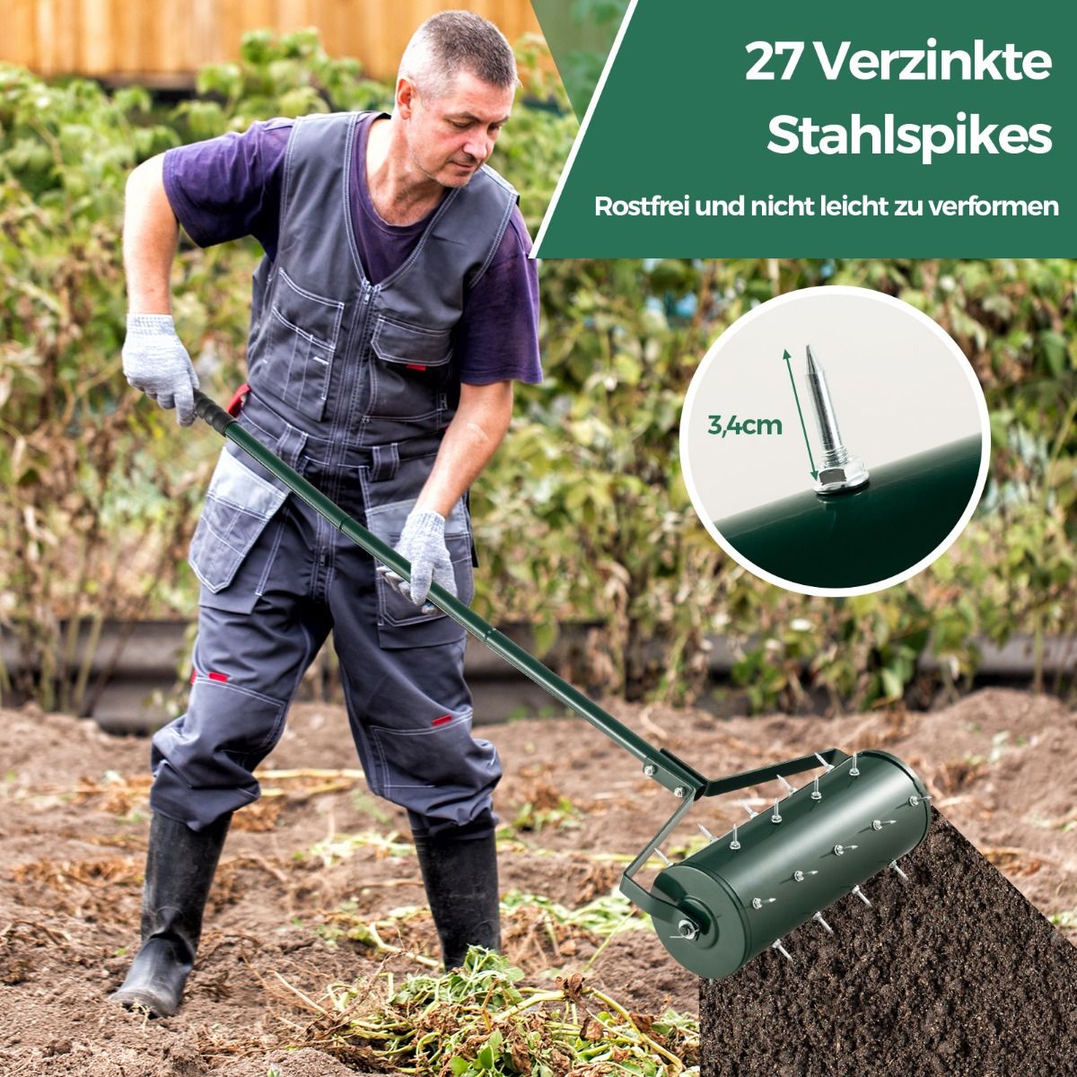 Manueller Rasenlüfter mit 27 Spikes & befüllbarer Trommel